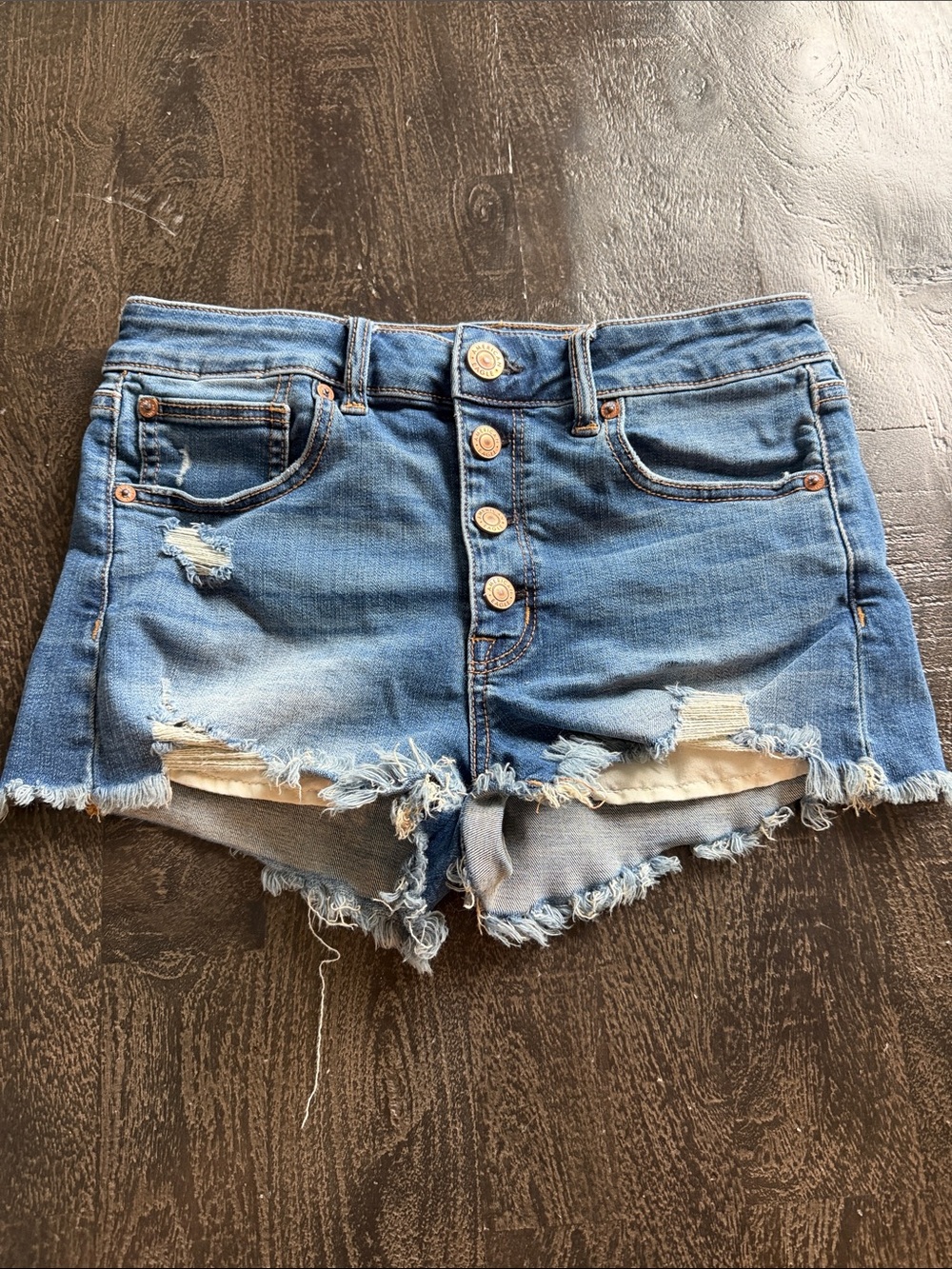 American Eagle Outfitters Blue Distressed Button-Front Denim Shorts